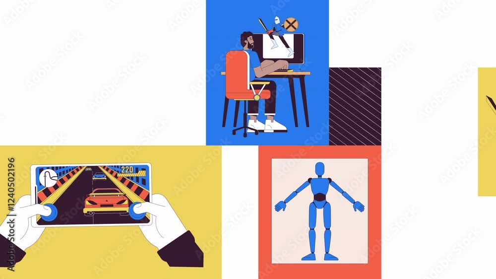 Poster video game development bento grid animation. gamedev at computer modeling. vfx, rpg. gamer playing v