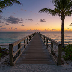 Obraz premium Sunset Beach Pier Wooden Walkway Calm Ocean View