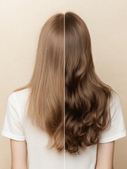 Obraz premium Before and after transformation showcasing thin hair compared to thick, voluminous hair with a neutral background. Generative AI