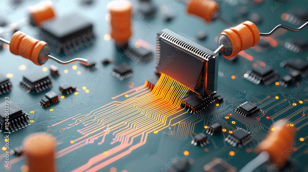 Poster dynamic electric bolts flowing through a circuit board in a tech lab close-up view of electronic com