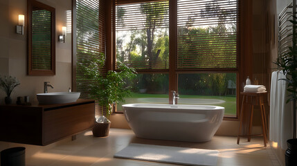 Fototapeta premium This clean, modern bathroom interior features a luxurious bathtub and shower