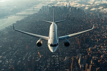 Fototapeta premium Aerial View of Airplane Over New York City Skyline with Clouds