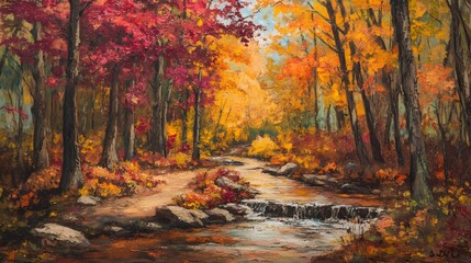 Colorful autumn forest landscape, vibrant foliage reflecting in a serene stream, ideal for nature themes and relaxation.