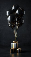 Elegant Black Balloons with Gold Confetti Above Gift Boxes