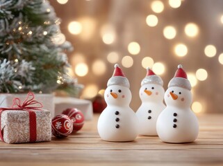 Three Adorable Snowmen Celebrating Christmas