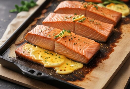 Pan-seared salmon fillet with melted cheese on a baking sheet, appetizer, cheesy delight, comfort food