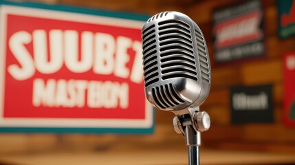 Vintage Microphone in a Cozy Retro Setting with Branding Background