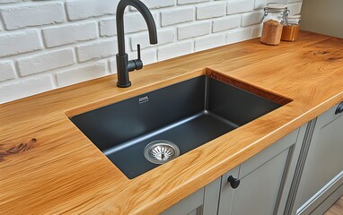 Modern Kitchen Sink Black Matte Wood Countertop