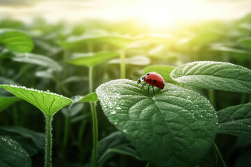 Ladybug on dewy green leaf in morning sunlight
