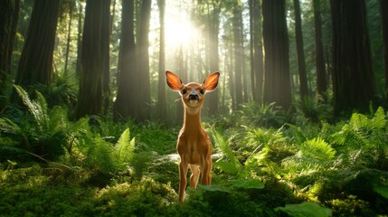 Fototapeta premium A deer standing in a dense forest, surrounded by tall trees and soft light
