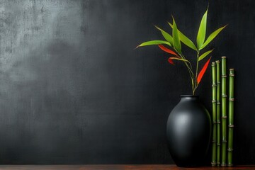 Minimalist ceramic vase with bamboo on dark wall