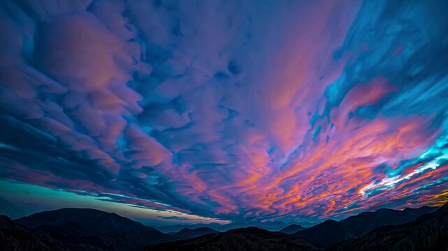 A surreal sunset backdrop merging vibrant neons with delicate watercolors, where mountains dissolve into abstract clouds, evoking a peaceful yet modern atmosphere.