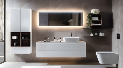 This contemporary bathroom interior features a clean design with white and black tiles, a modern sink, and stylish fixtures