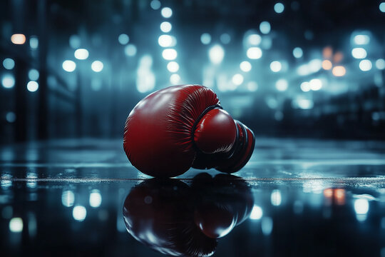 Close-up view of a vibrant boxing glove resting on a polished surface in a training facility during evening hours