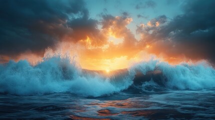 Fototapeta premium Dramatic ocean sunset waves crashing