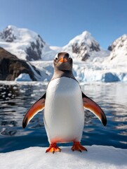 Naklejka premium penguin standing on the shore of a frozen sea