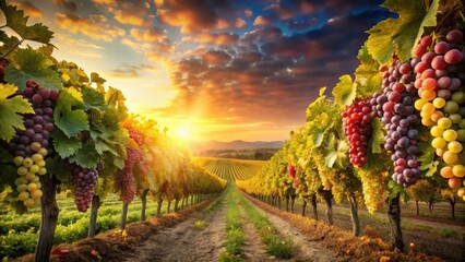 Naklejka premium A serene autumn harvest scene with rows of grapevines laden with ripe red and green grapes against a warm golden sunset sky