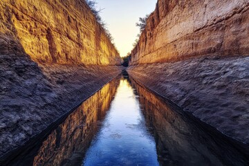 Majestic Erosion Canyon with River Reflection at Sunset, Capturing Natural Beauty and Geological Wonders in Vibrant Light and Shadows