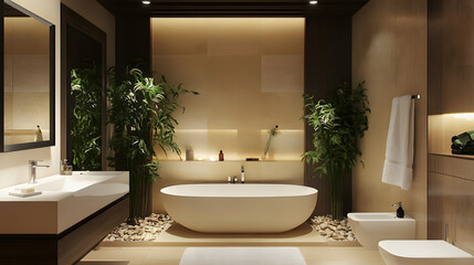 This contemporary bathroom boasts a luxurious bathtub, a sleek sink, and a large mirror, showcasing modern interior design