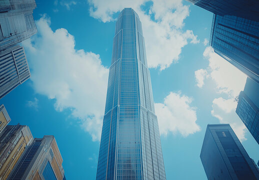 Fototapeta Blue skies and tall buildings seen from below, wide-angle, low-angle perspective, skyscrapers, business district, cityscape, urban architecture, blue sky, office building, corporate skyline, skyscrape