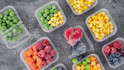 Frozen vegetables and fruits in containers
