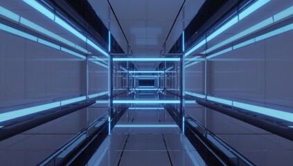 Fototapeta premium Futuristic blue neon corridor, endless perspective, reflective floor, modern architecture, sci-fi background, ideal for tech concepts