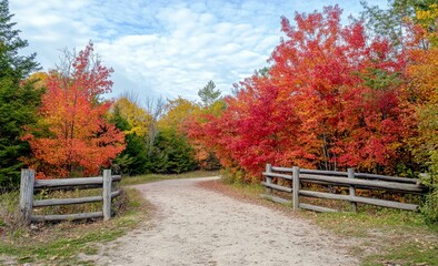 Serene Pathway Through Vibrant Autumn Foliage with Colorful Trees and Rustic Wooden Fences in a Beautiful Natural Landscape