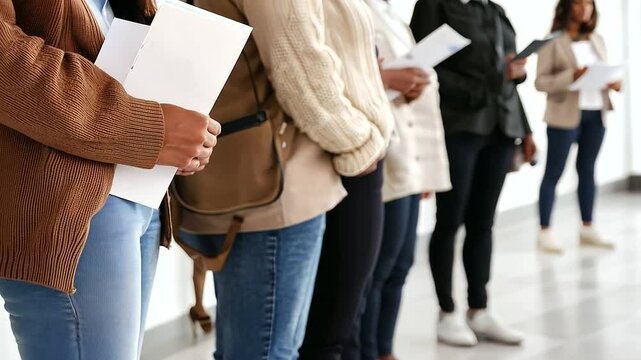 Person in Line at Immigration Office Holding Documents and Looking Hopeful