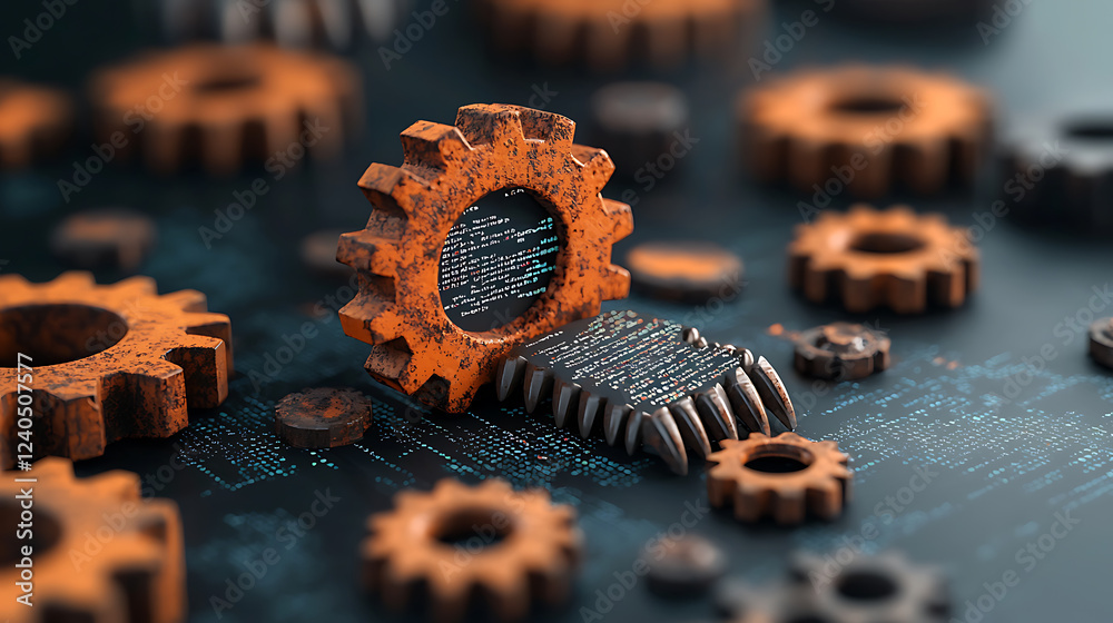 Poster innovative mechanisms of code transformation digital workshop conceptual art industrial setting clos