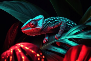 Obraz premium Neon-lit chameleon on vibrant jungle foliage