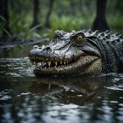 Obraz premium Crocodile Emerging from Swampy Water. Crocodile in the water. 