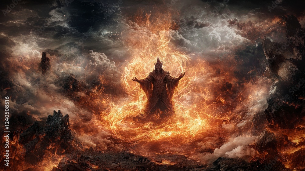 Poster celestial sage confronts chaotic storm mythical realm digital art dramatic environment aerial view f