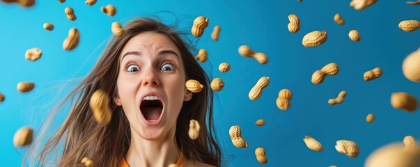 Excited woman surrounded by flying peanuts, vibrant blue background, expressive face, dynamic motion, playful atmosphere, copy space for text