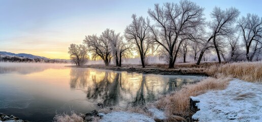 Obraz premium Tranquil Frosty Morning at Riverbank with Bare Trees and Mist Rising from Calm Water Surrounded by Brown Reeds and Soft Winter Light at Sunrise