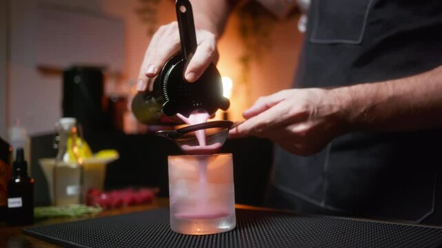 Bartender pours cocktail through strainer in slow motion. Perfect for mixology tutorials and beverage commercials.