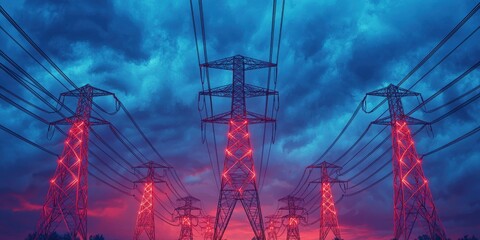 Fototapeta na wymiar peak energy demand concept. Dramatic power lines against a vibrant, colorful sunset sky.