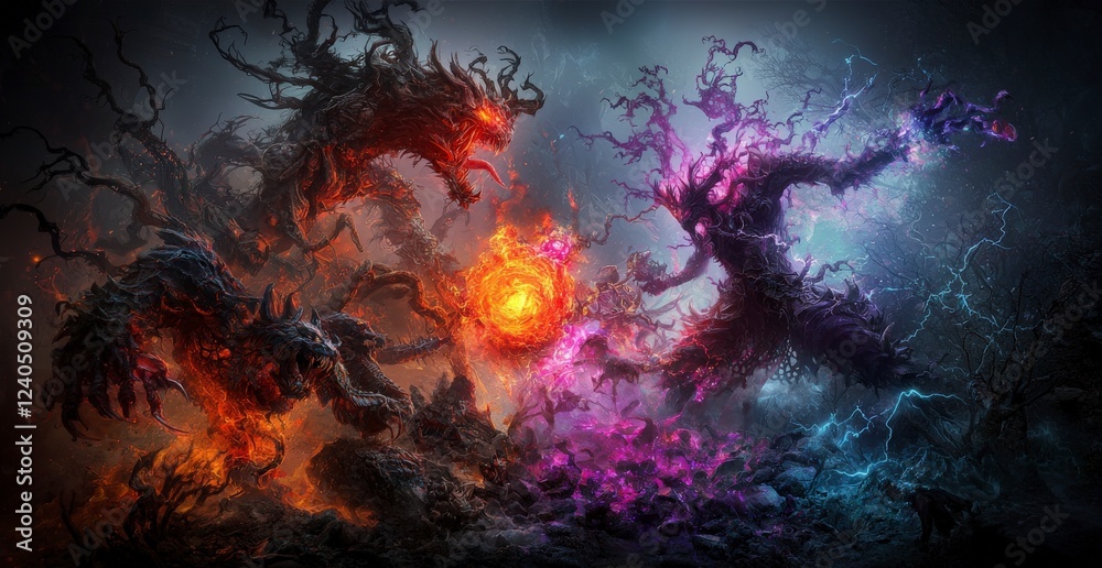 Poster celestial warrior battles demons in alternate dimension epic fantasy scene dark environment dynamic 