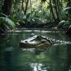 Obraz premium Crocodile Swimming in a Rainforest River.
