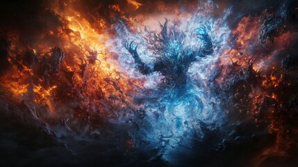 Dramatic perspective of a celestial warrior battling through elemental realms in surreal digital art