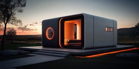 Obraz premium peak energy demand concept. Modern architectural design with glowing features at sunset.