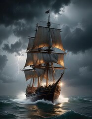 Obraz premium Sailing ship in a fierce storm with lightning, stormy weather, sailing boat