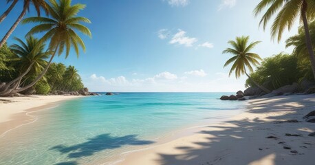 Obraz premium Sandy beach with clear blue water and palm trees, surf, natural beauty., relaxation