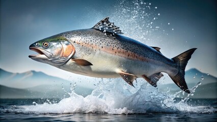 Salty seawater splashes on a freshly caught salmon, ocean environment, flesh, fish skin