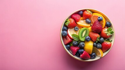 Pastel pink background with a bowl of colorful fruit, pink, food,  pink