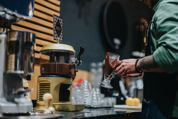 A skilled barista is crafting a cup of hot chocolate in a warm, inviting cafe atmosphere, showcasing expertise, artistry, and attention to detail in creating a comforting and delicious beverage.