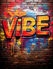 the word vibe in graffiti paint on a grunge brick wall in bright colours, urban street art