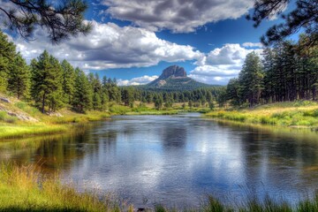 Fototapeta premium Tranquil Natural Landscape with Calm Water, Lush Green Forest, Majestic Mountain, and Dramatic Blue Sky in a Scenic Outdoor Setting