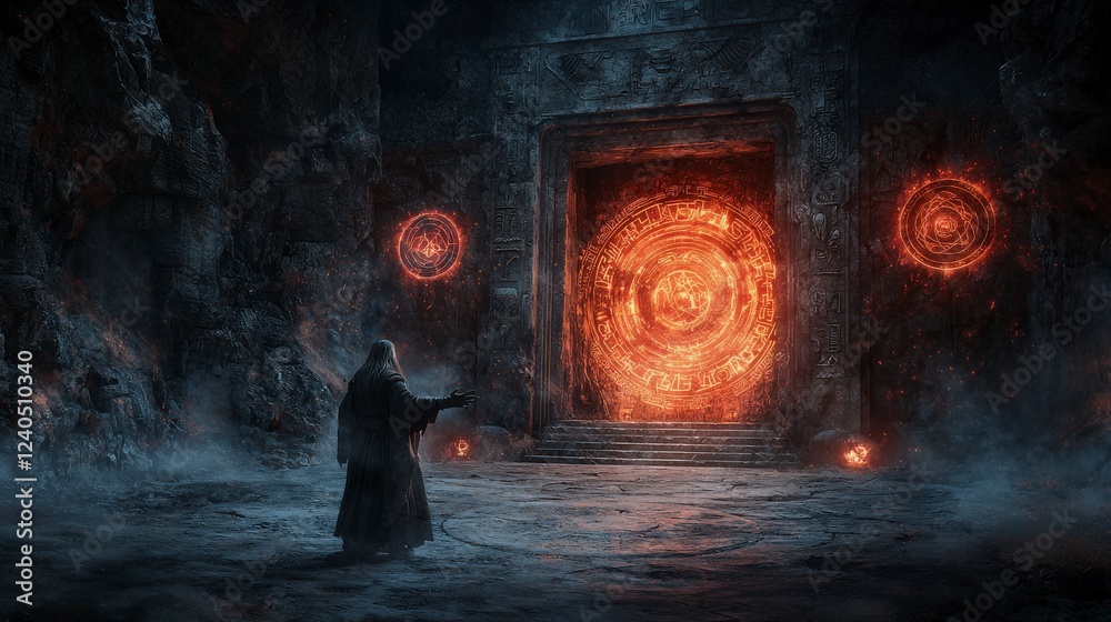 Poster Celestial warrior confronts ancient gateway enigmatic realm digital art mystical environment dramatic angle fantasy concept