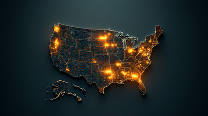 Illuminated map of the united states highlighting key industrial sites digital visualization modern technology environment aerial perspective economic insights
