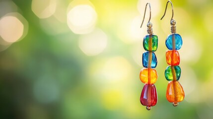Beaded earrings with an assortment of colors, glowing against a soft blurred background, emphasizing the artistic work